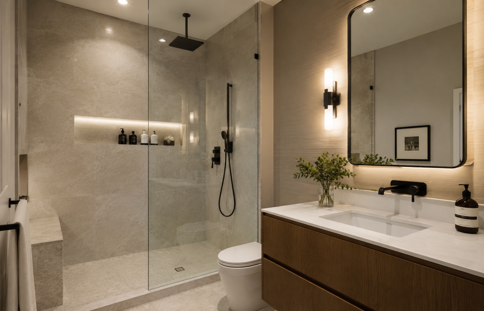 Combined shower and tub bathroom